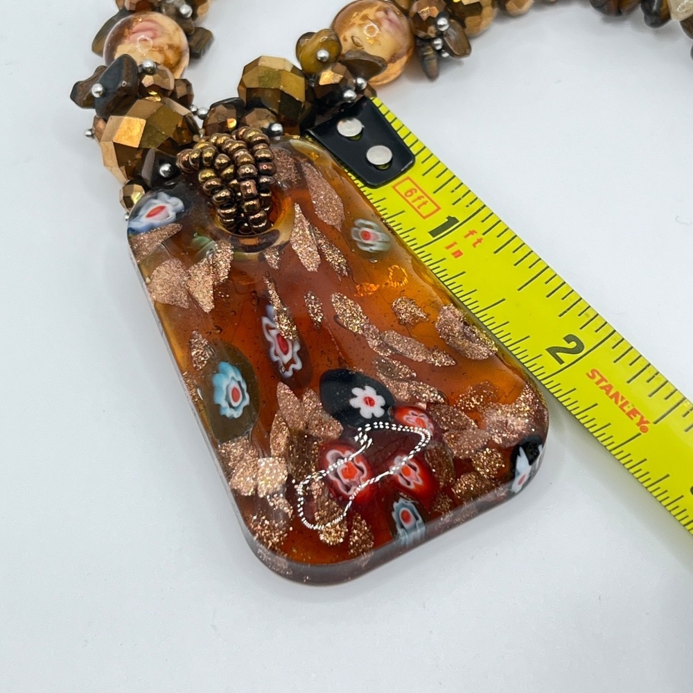Erica Lions Brown Millefiori Style Glass Pendant Beaded Necklace 20" - Picture 14 of 14